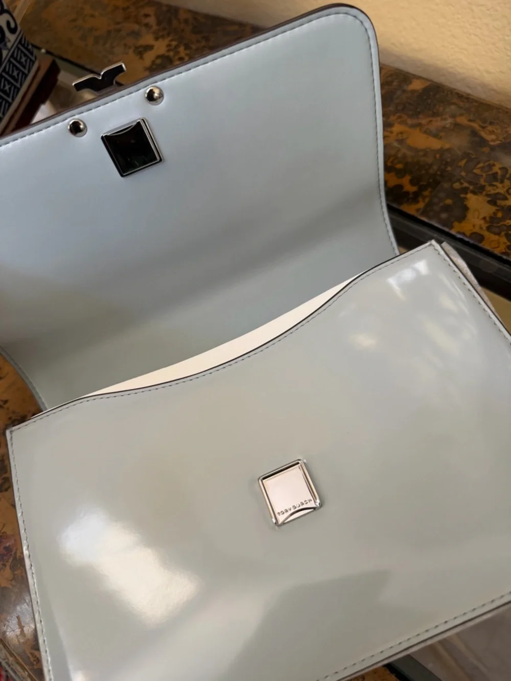 Tory Burch Britten Small Light Blue Glossy Patent Shoulder Bag - Picture 7 of 10